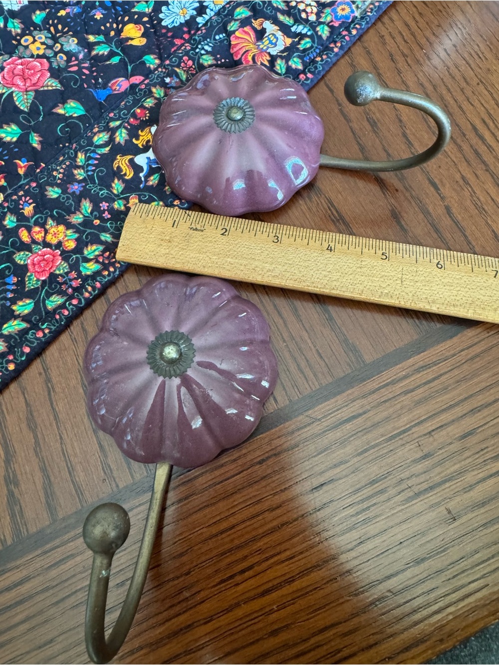 Ceramic Wall Hooks Purple Squash Blossom Brass Coat Hanger Jewelry Display - Picture 5 of 5